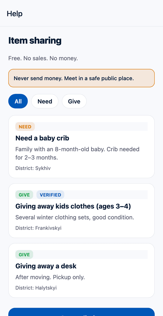 Putivnyk — item sharing help listings