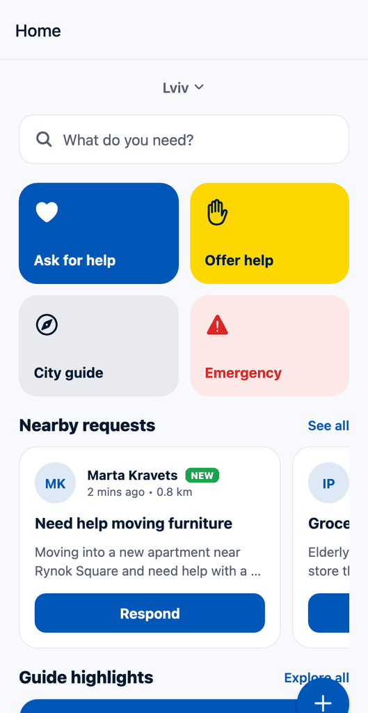 Putivnyk — home screen with nearby help requests